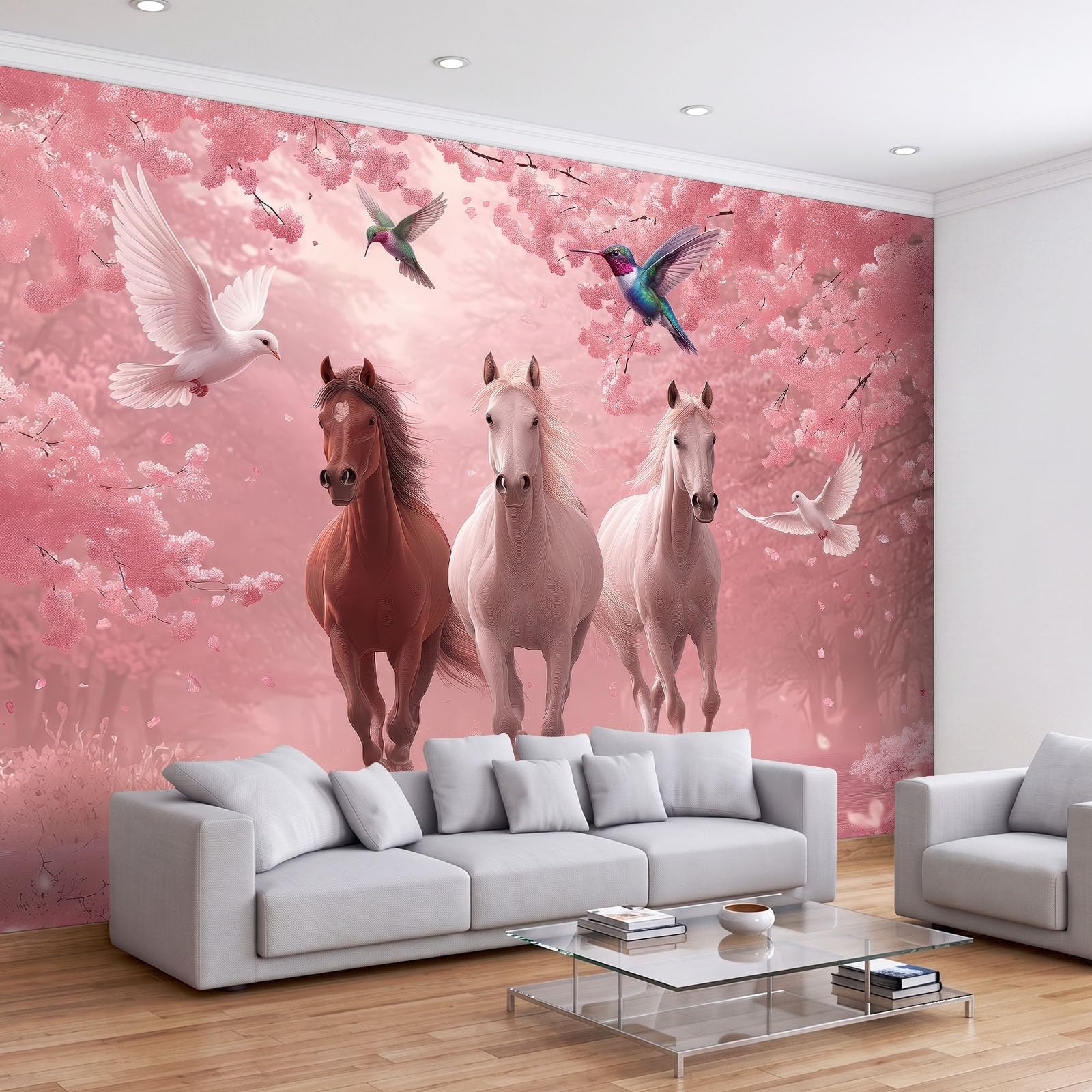Générique Panoramiczna tapeta 500 x 280 cm fantazyjne zwierzęta galopowe konie XXL fototapeta dekoracja ścienna gobelin salon sypialnia - tapeta Trompe l'eil efekt 3D, różowa