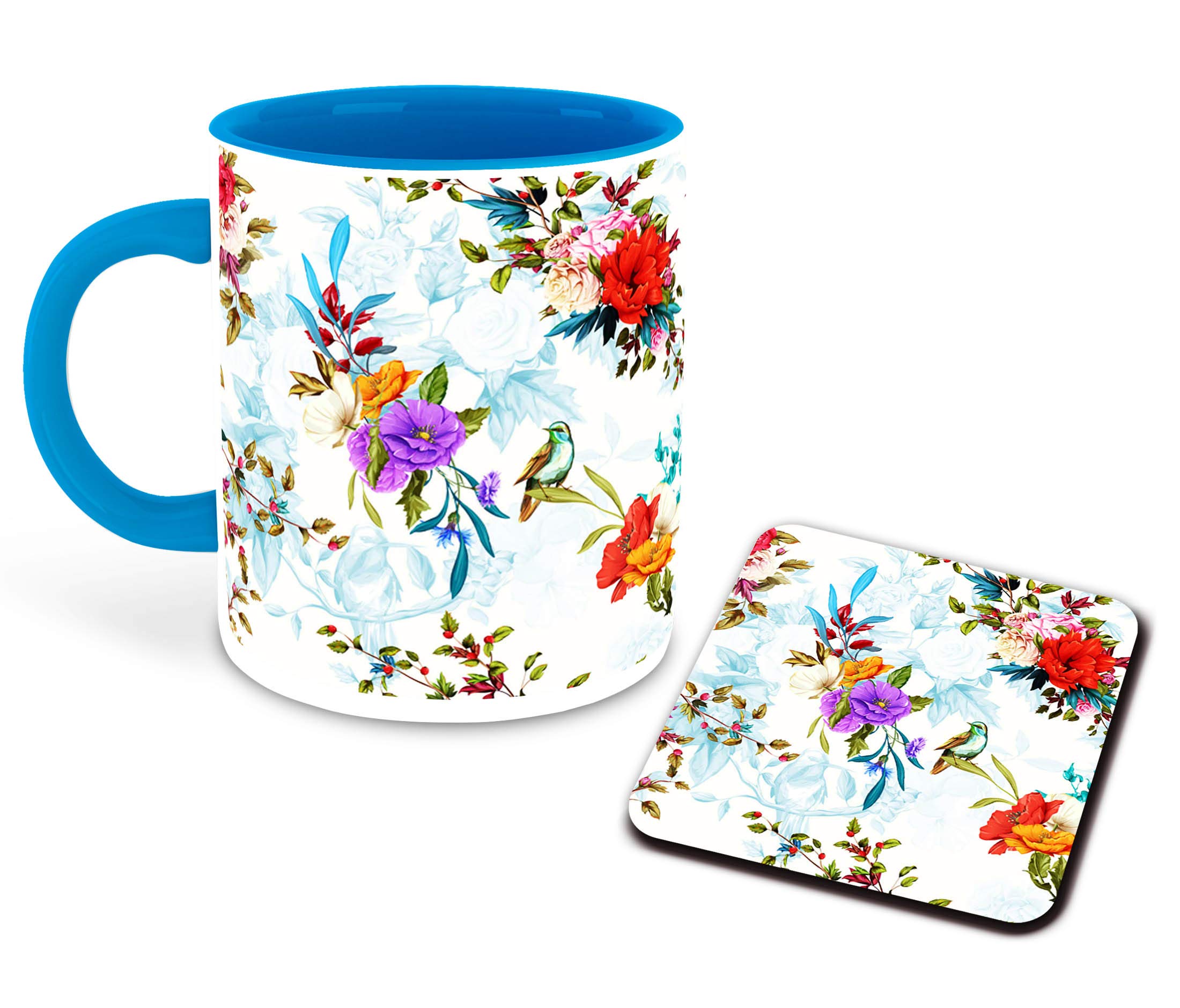 WHATS YOUR KICK Nature Inspiration Printed Light Blue Inner Colour Ceramic Coffee Mug with Coaster- Water Color Painting, Flowers, Best Gift | Birds, Design (Multi 12) (B08JJ5R4JL) Amazon Price History, Amazon Price Tracker