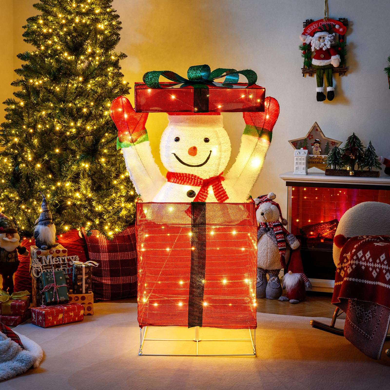 COSTWAY LED Schneemann in Geschenkbox, 115 cm beleuchtete Weihnachtsdeko mit 100 warmweißen LED-Lichtern, Weihnachtsfigur Outdoor XXL, Weihnachtsbeleuchtung für innen & außen