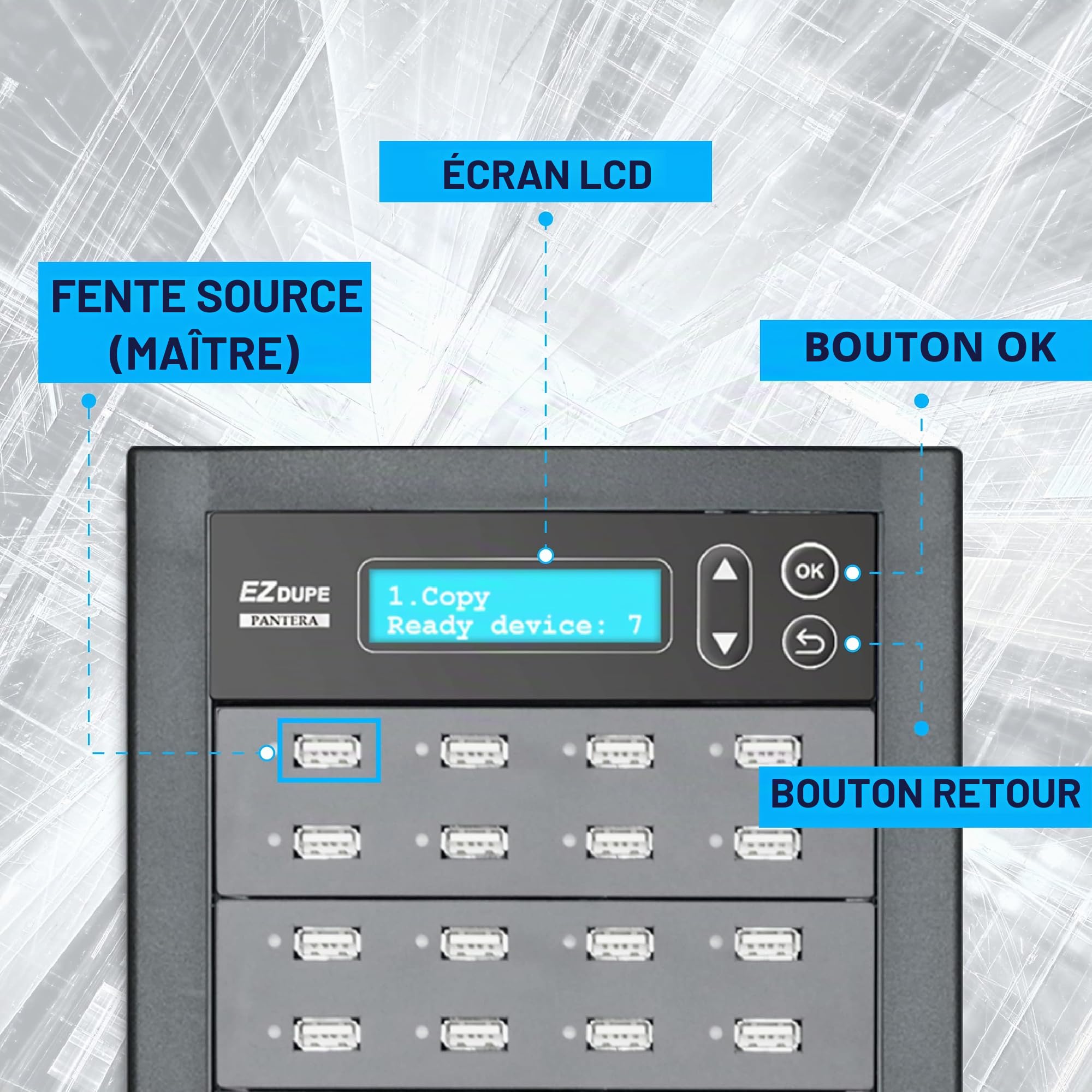 EZ DUPE Duplicateur de Clé USB à 15 Ports Cibles - Duplicateur et Effaceur Autonome de Clé USB (USB Pantera)