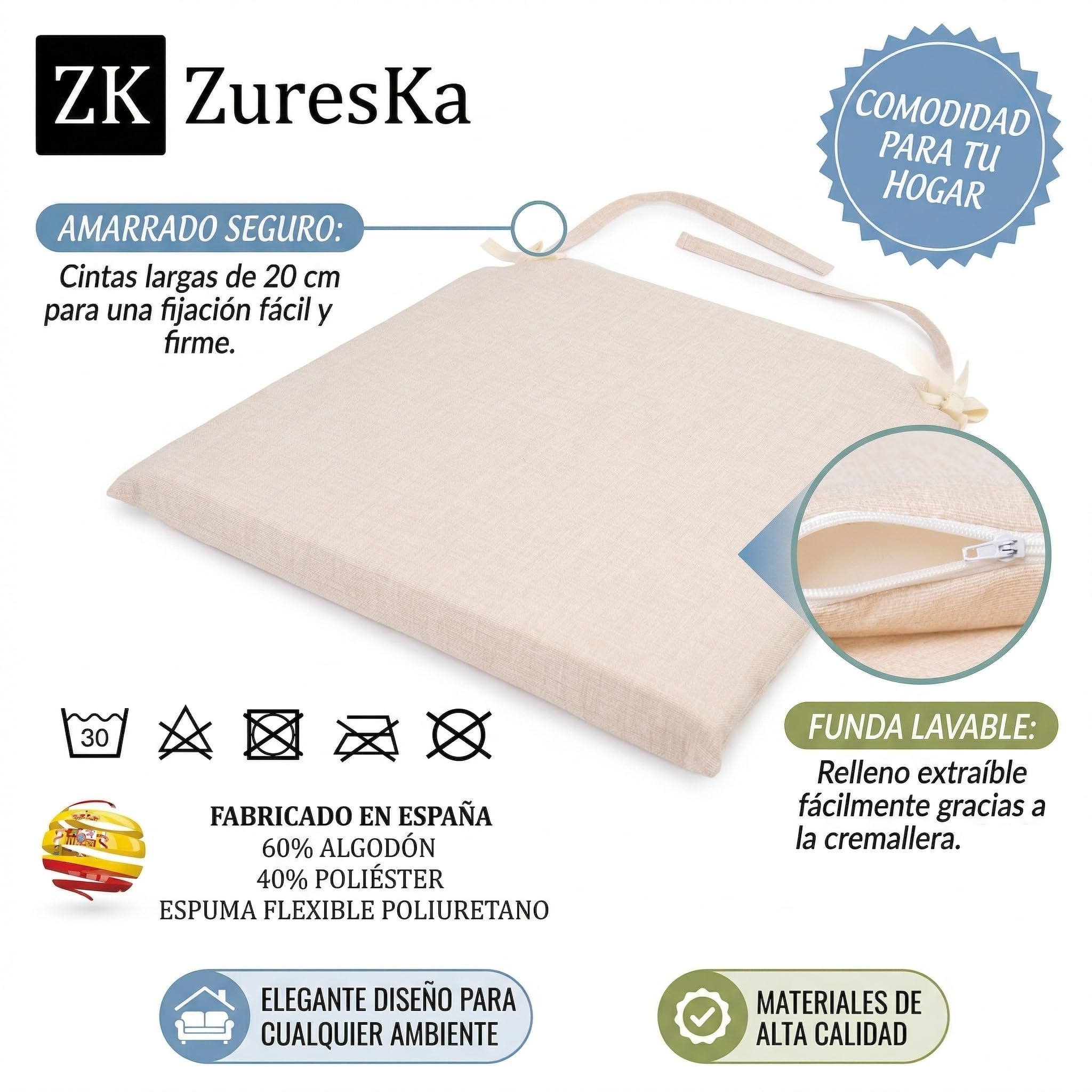Cojines Sillas Terraza 40x40 (4 cm Grosor Espuma Alta Densidad). Cojines Sillas Cocina. Cojines Sillas Comedor. Cojines Exterior. Desefundables y Lavables (Blanco_Crudo)