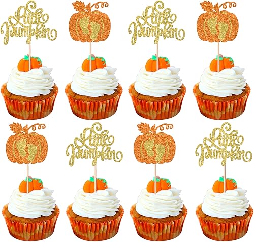 Paquete de 24 adornos para cupcakes de calabaza con purpurina para cupcakes de calabaza para Acción de Gracias, baby shower, decoración de cupcakes