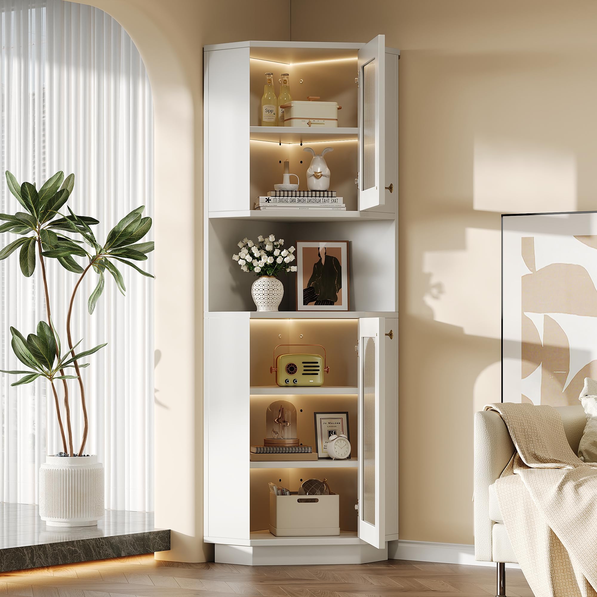 Armario esquinero con barra de luz, mueble de baño, 2 estantes, compartimento abierto, estantes ajustables, 45 x 45 x 166,5 cm, color blanco