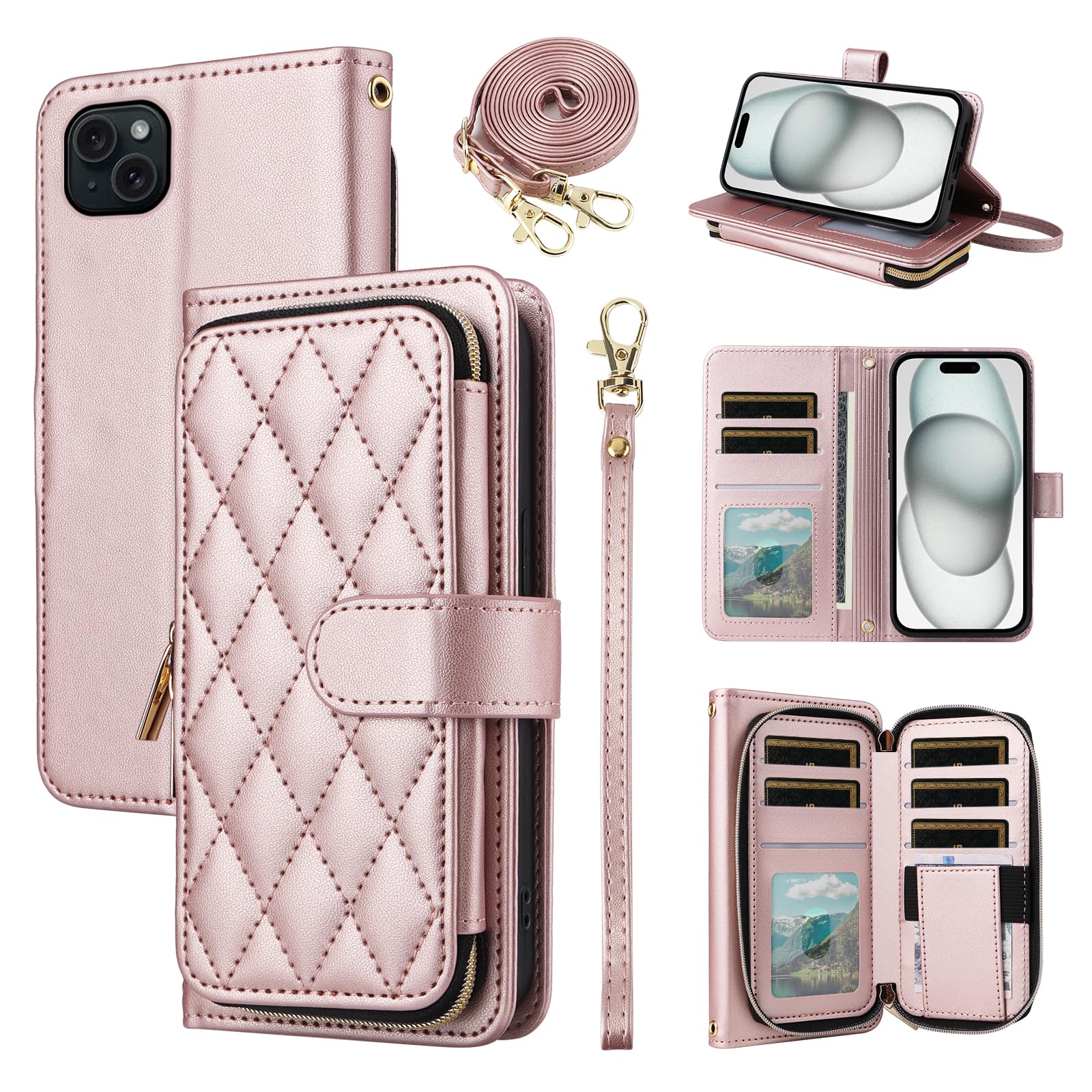 Furiet Argyle Wallet Case for iPhone 13 6.1 inch with Wrist Strap Shoulder Strap Flip Zipper Purse, 9+ Card Slot Stand Checkered Cell Phone Cover for