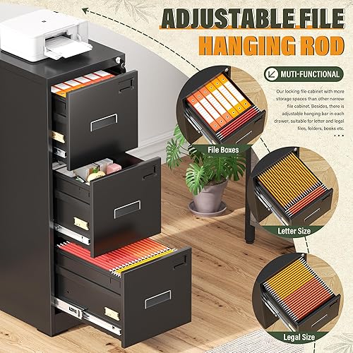 Miniatura 29 de Greenvelly Archivador de 4 cajones, archivador vertical de metal con cerradura, archivadores de metal con bloqueo para oficina en casa, tamaño Negro