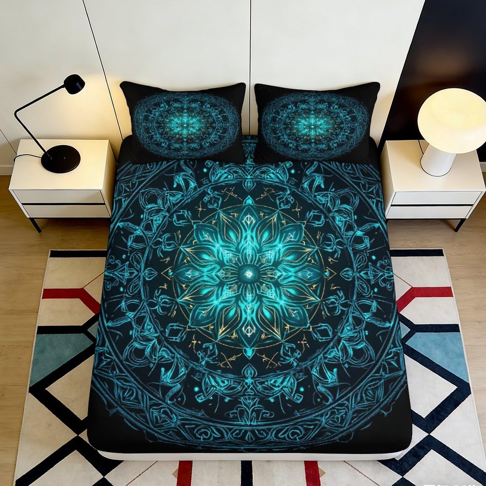3D Printed Blue Mandala Fitted Sheet Microfiber Soft Breathable Geometric Bed Cover for Bedroom Dormitory Guest Room Mattress Protection Decor 160x200x25cm
