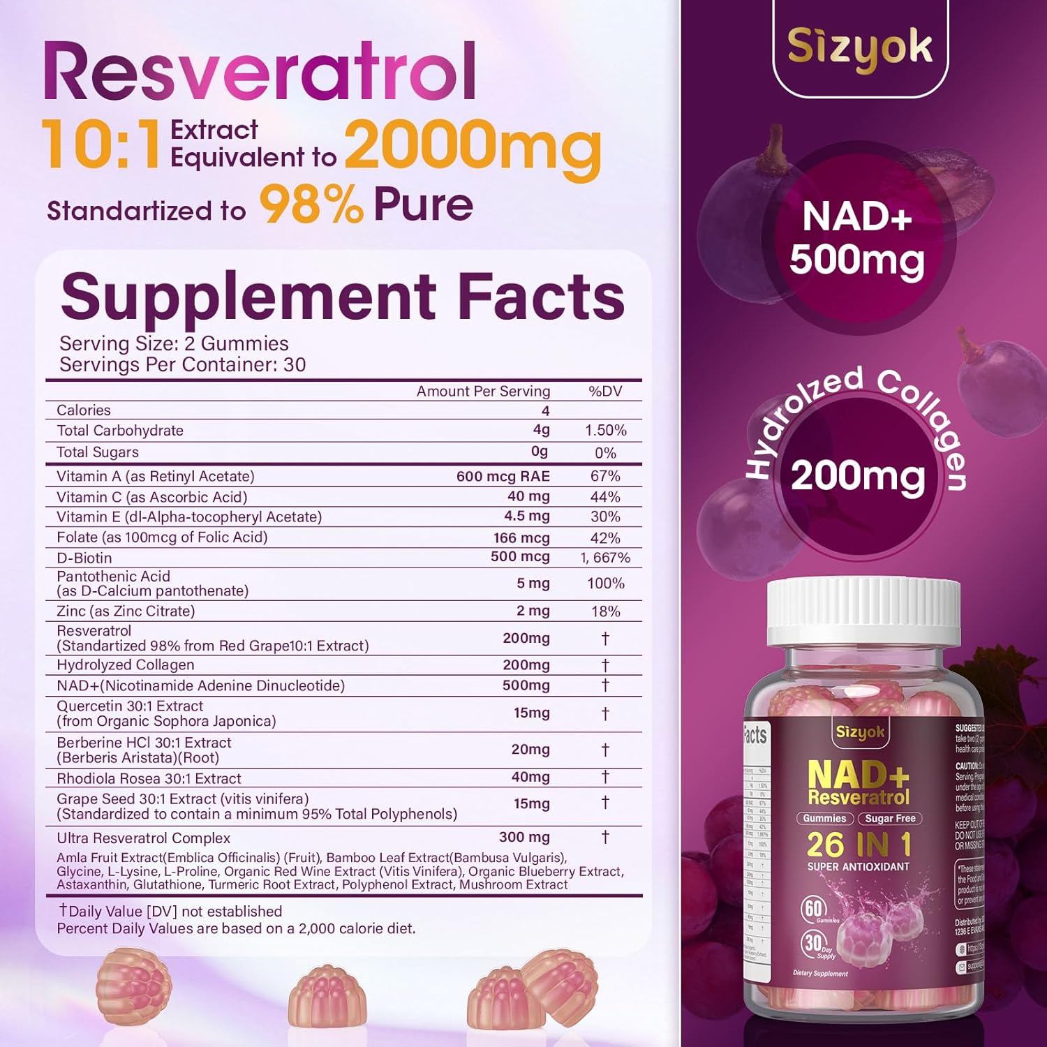 NAD Resveratrol Gummies, NAD Supplements for Women with Hydrolyzed Collagen, Grape Seed, and D-Biotin Support Antioxidant Action, Anti-Aging, Cell Regeneration & Energy, Sugar-Free, 60 Gummies - Image 2