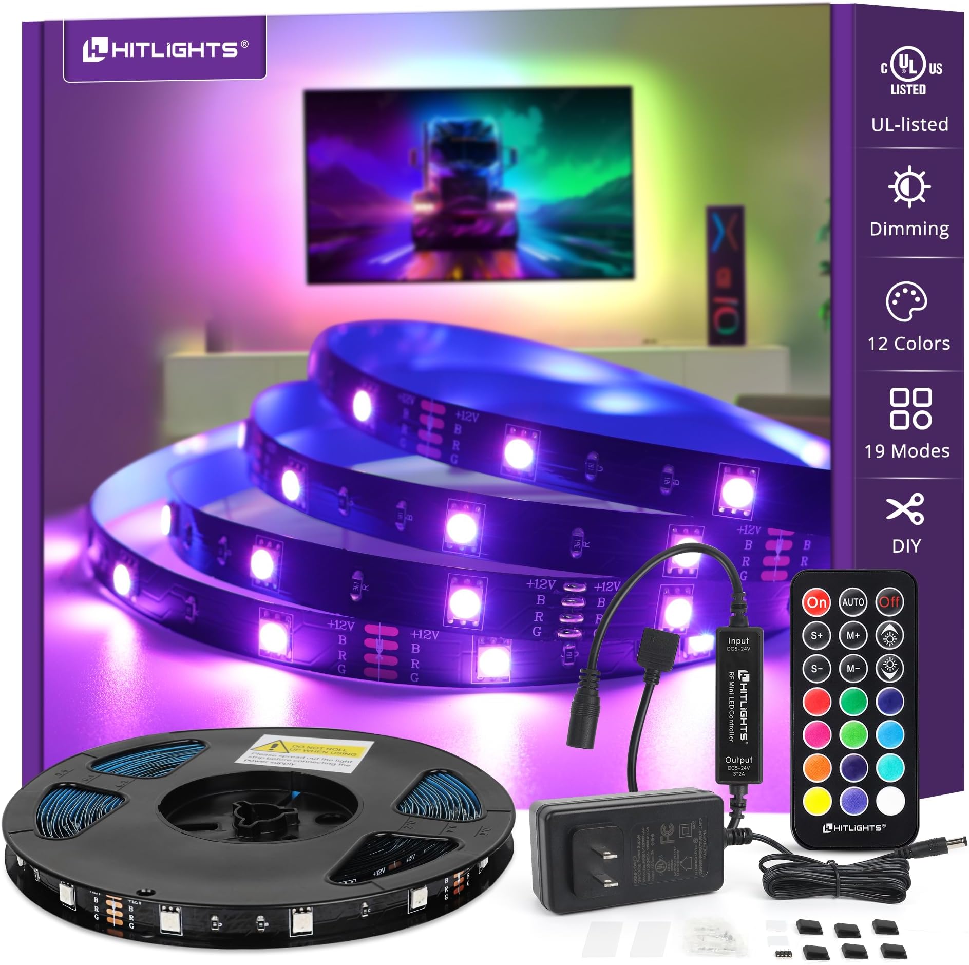 HitLights LED Strip Lights, Color Changing Strip Lights 32.8ft SMD 5050 Flexible RGB Light Strips with RF Remote, UL Power Supply for Under Cabinet Lighting Kitchen Bedroom Home Decor