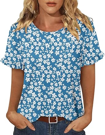 CRAZY GRID Women's Shirts Summer Casual Crewneck Ruffle Short Sleeve Blouses Cute Floral Print Tunic Tops