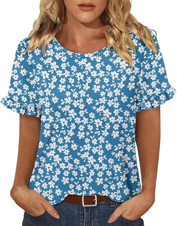 CRAZY GRID Women's Shirts Summer Casual Crewneck Ruffle Short Sleeve Blouses Cute Floral Print Tunic Tops