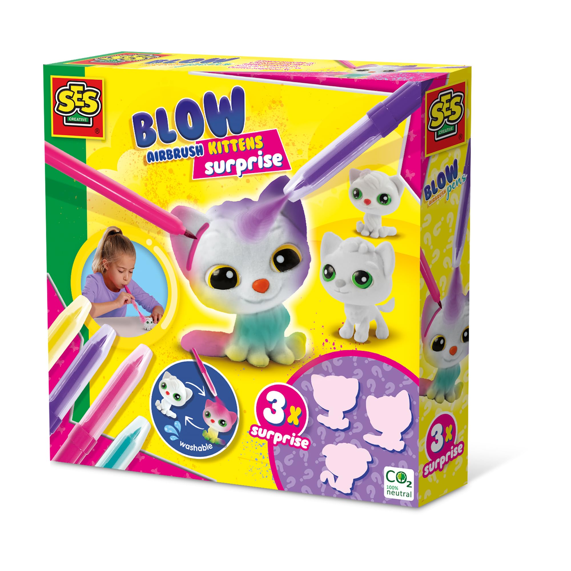 SES Creative 14333, Blow Airbrush pens, Kittens Surprise 3X, Collect All 9 Kittens, with Soft Fur, Reusable After rinsing