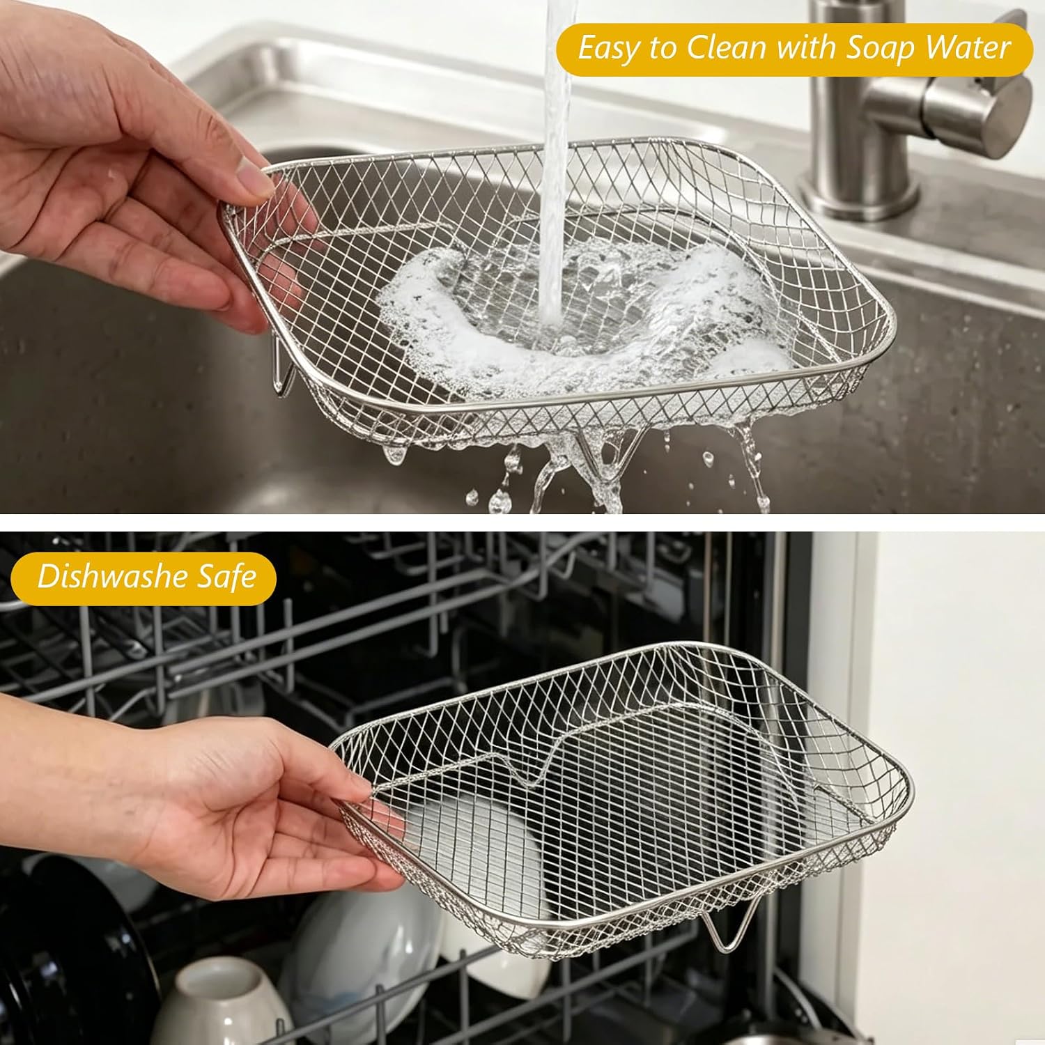 3pcs Rectangle Air Fryer Racks, Stainless Steel Air Fryer Rack for Ninja Dual Airfryer Stackable Air Fryer Basket with Silicone Feet & Clip Air Fryer Accessories for Air Fryer, Oven (Rectangle)