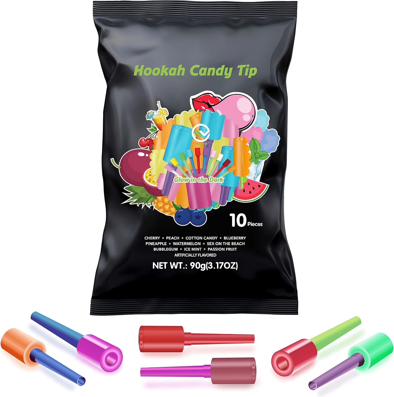 Hookah Tips, (Candy Hookah Tips), Glow in The Dark Jolly Tips, Individually Wrapped Lollipop Hookah Accessories, Delicious Flavors (10)