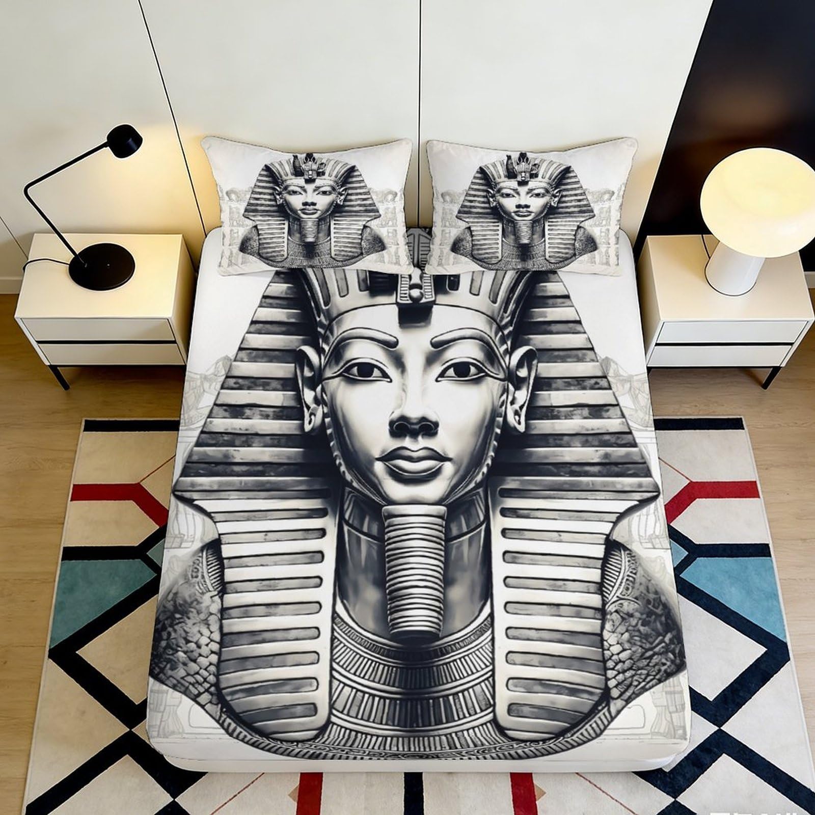 3D Printed Egyptian Pharaoh Fitted Sheet Microfiber Soft Breathable Ancient Mask Bed Cover for Bedroom Dorm Mattress Protection Decor 120x200x25cm