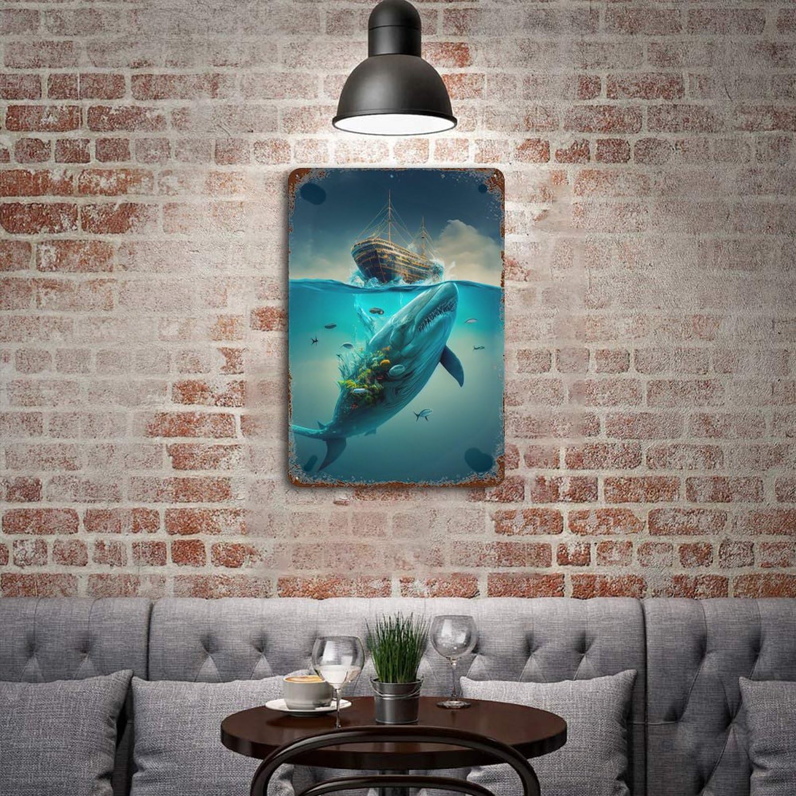 Amazon | ブリキの絵 船の下の大きなクジラ ブリキ看板 船の下の大きな  
