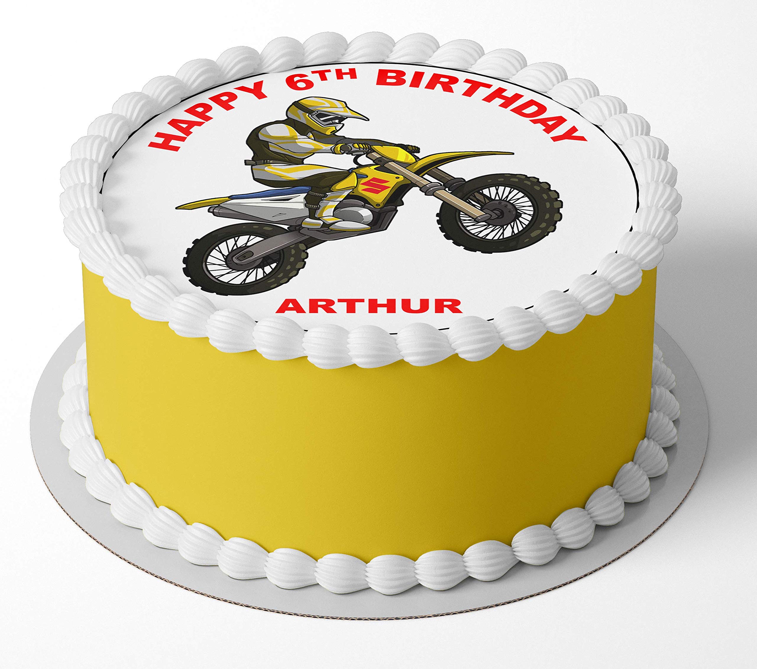 Motocross Motorbike Yellow Round Circle Cake Edible Icing or Wafer Topper 7.5 inch with 10 x 1.5" Cupcakes Personalised (Icing)