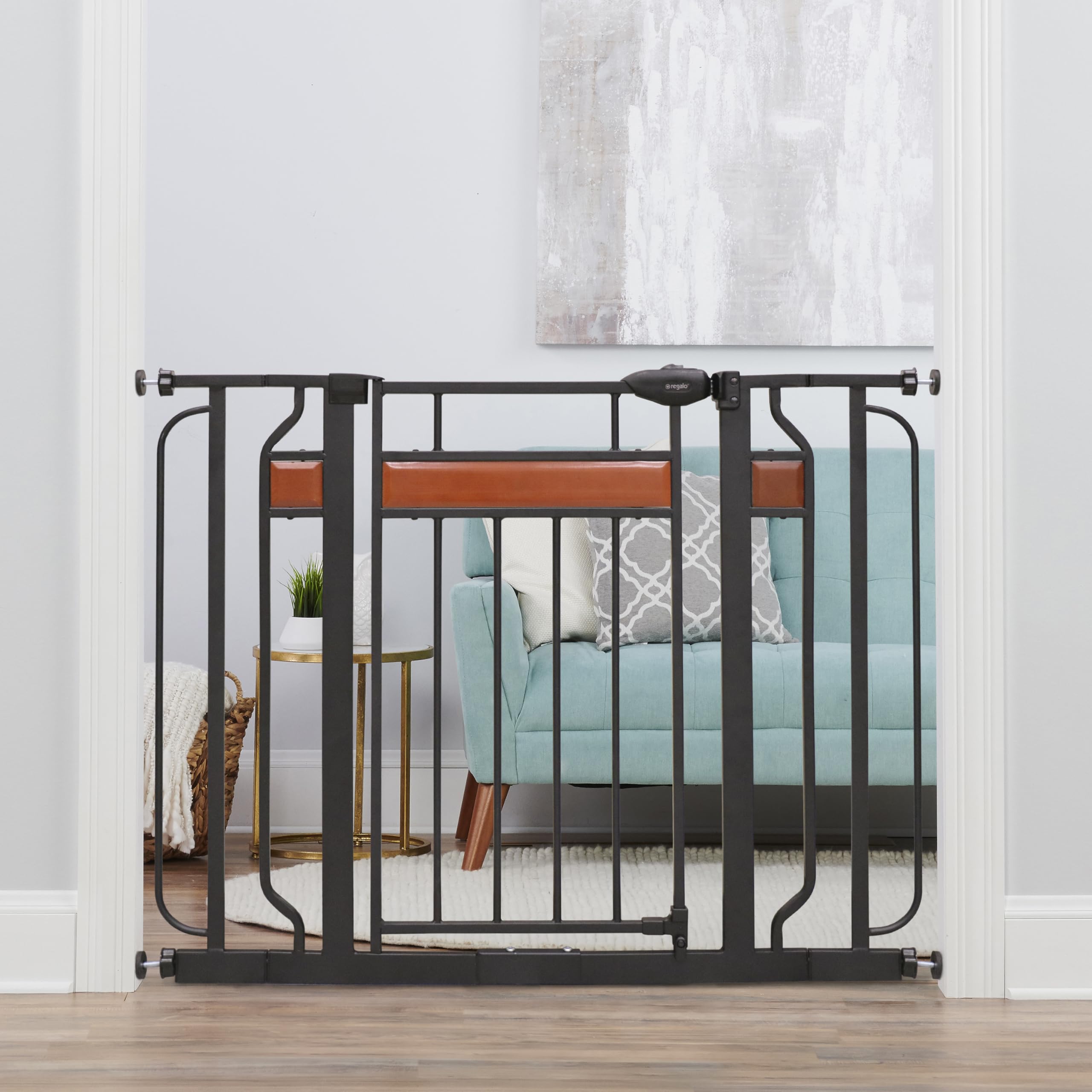 Regalo Safety 37" Extra Tall Baby Gate for Doorways & Bottom of Stairs, Wood Accent Pressure Mounted Gate with Door for Babies, Toddlers & Pets,