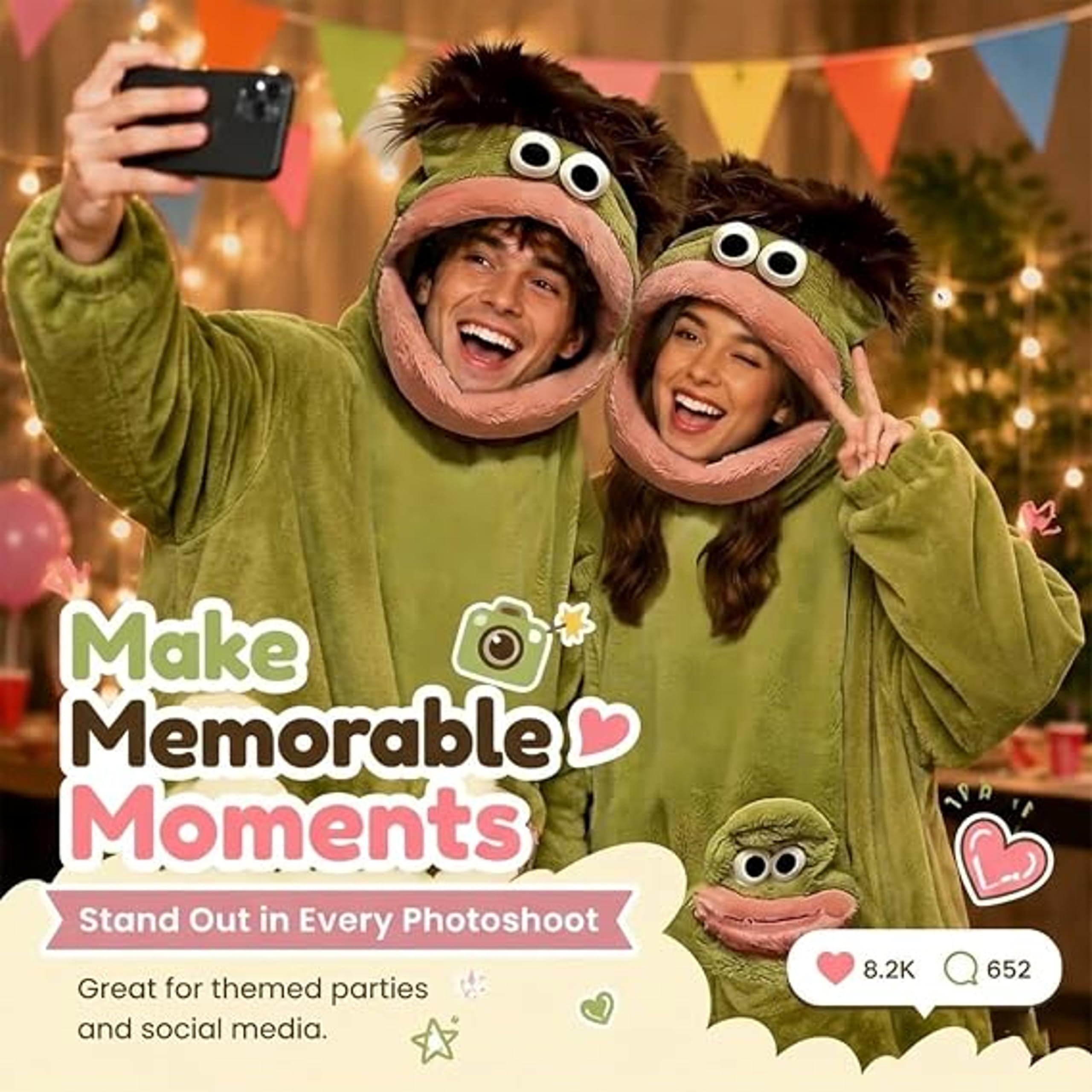 Confezione da 2 Pigiami Mostro Verde per Adulti, Felpa con Cappuccio in Pile soffice, Calda Tuta Intera con Tasche, Costume Unisex per casa, Halloween e Carnevale, Goofyonesie, Festival Outfit
