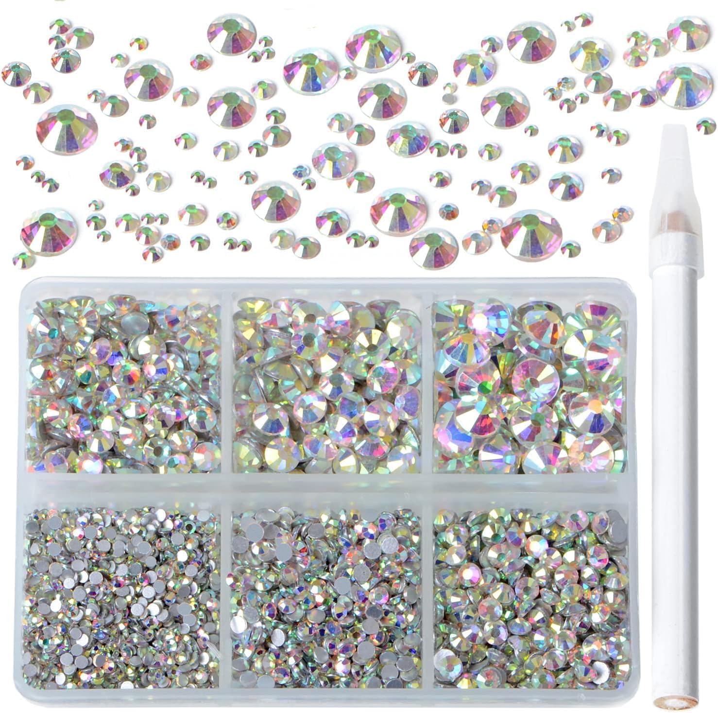 Bymitel 5000 Pieces 6 Mixed Sizes Glue Fix on Glass Rhinestones Round Crystal Gems Flatback for DIY Jewelry Making with one Picking Pen (6-Sizes 5000PCS, Crystal AB)