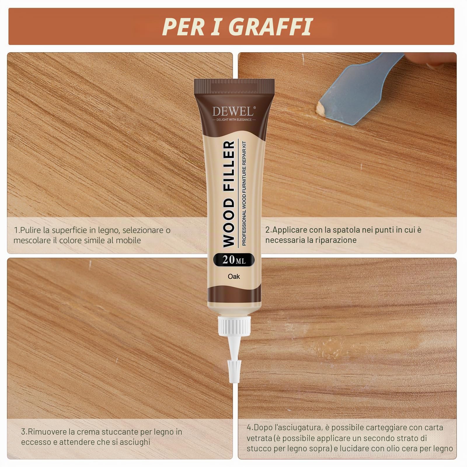 DEWEL Kit Riparazione Parquet, 6 Colori di Stucco Per Parquet, 100g di Stucco per Legno Bianco, Set di Riparazione in Laminato per Riparare Graffi e Fori nei Mobili in Legno (16 Pezzi)