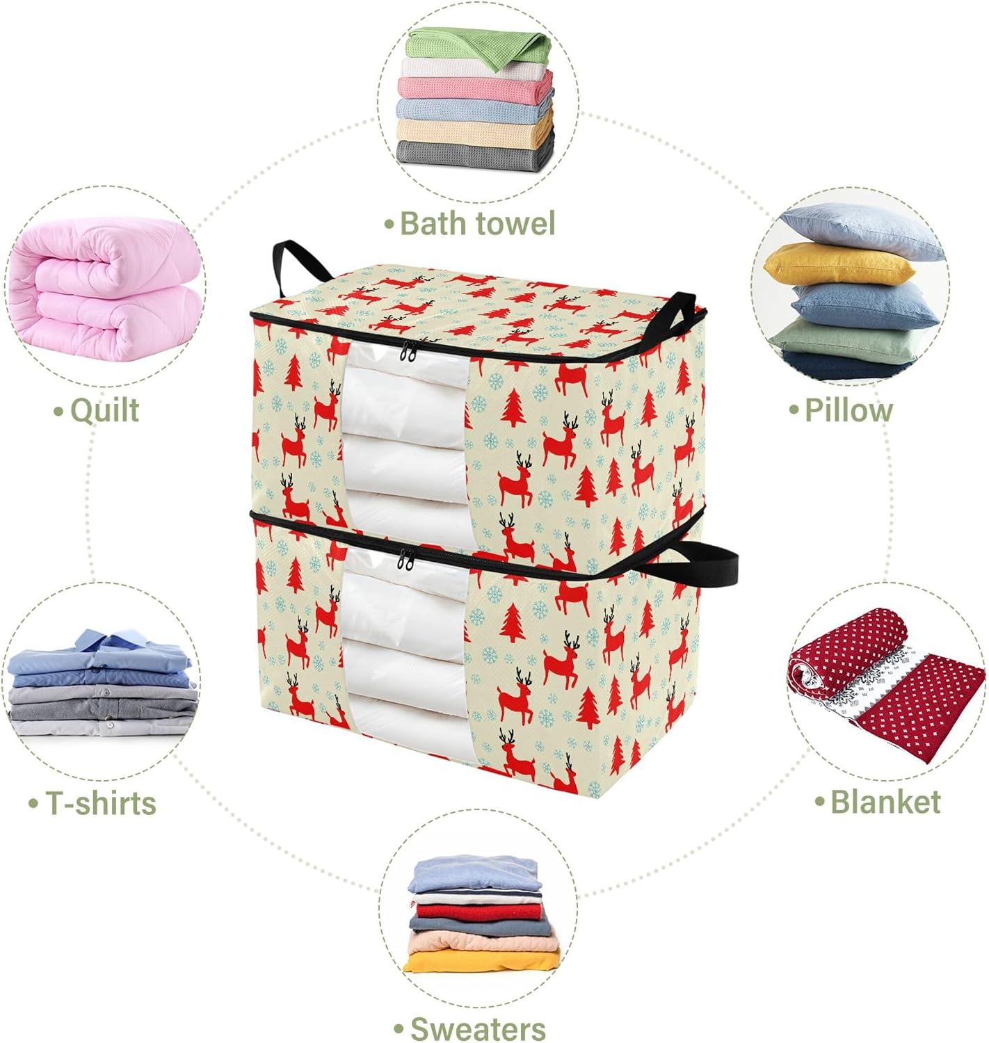 Burbuja 2 Pack Storage Bag Organizer with Handles for Clothes, Blankets, Bedding, Winter Tree Deer Foldable Storage Bag with Zipper & Clear Window, 95L