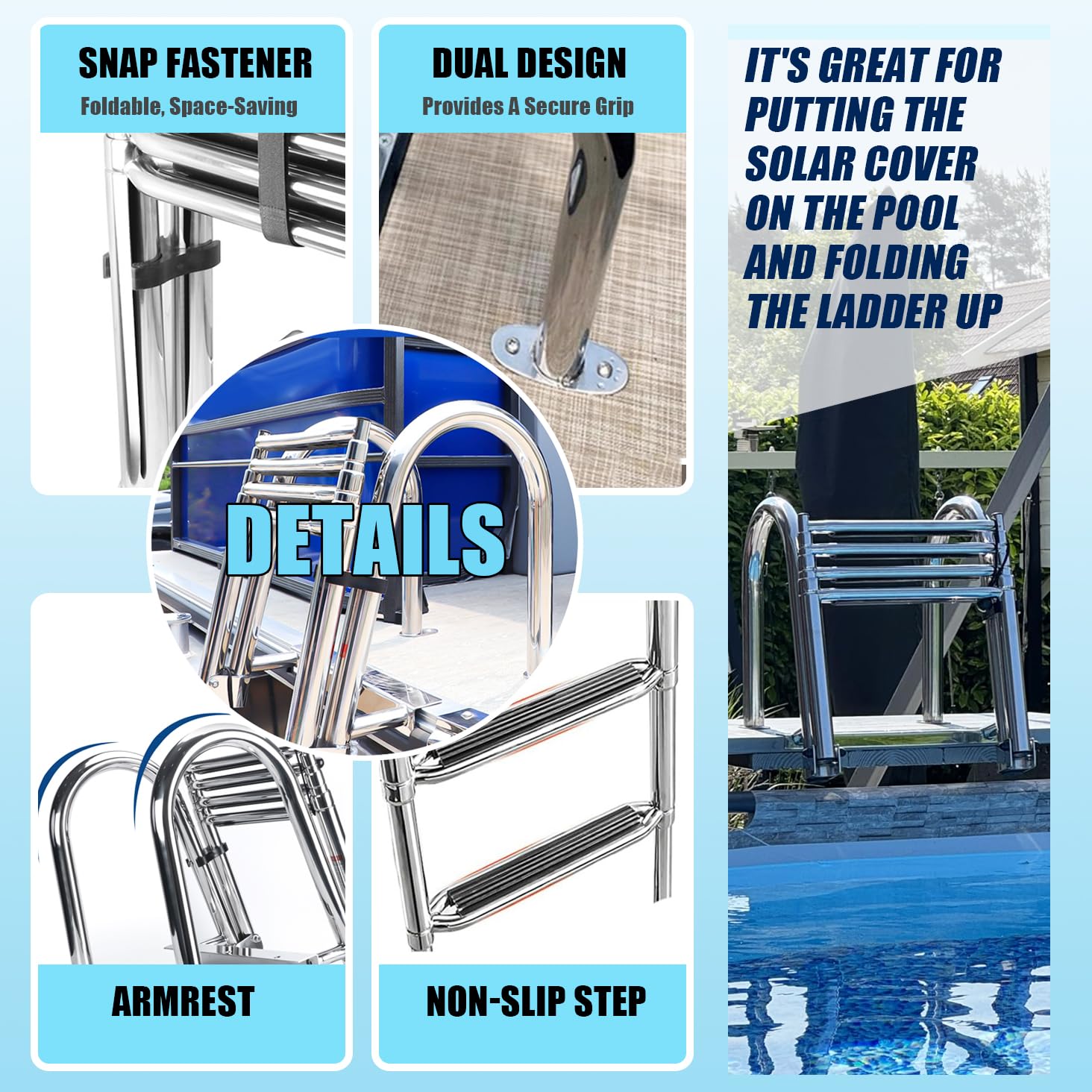 Edelstahl Poolleiter klappbar 120/122/132/135/150 cm Poolhöhe, Stabile extra breite Schwimmbadleiter für Salzwasser, Pooltreppe für Rundpool & klappbare Bootsleiter