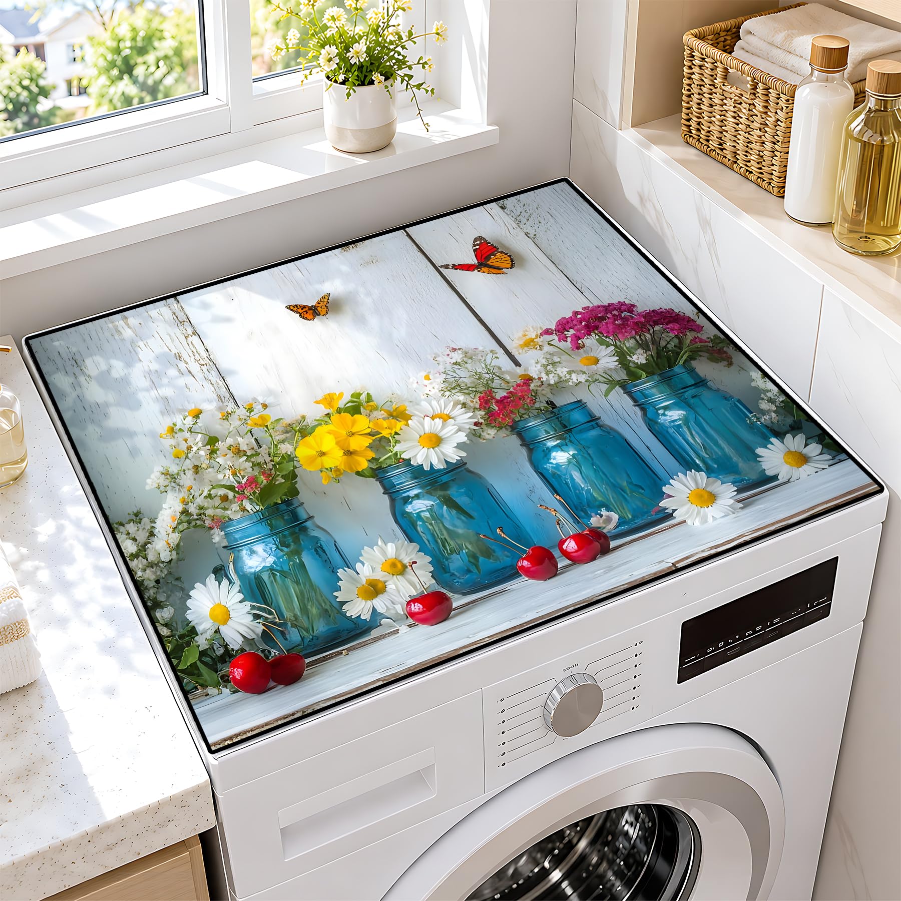 Washer Dryer Top Cover Mat, Non-Slip Laundry Room Decor, Laundry Room Kitchen Appliance Decor Protector Universal 23.6"x19.7" (Vase 2)