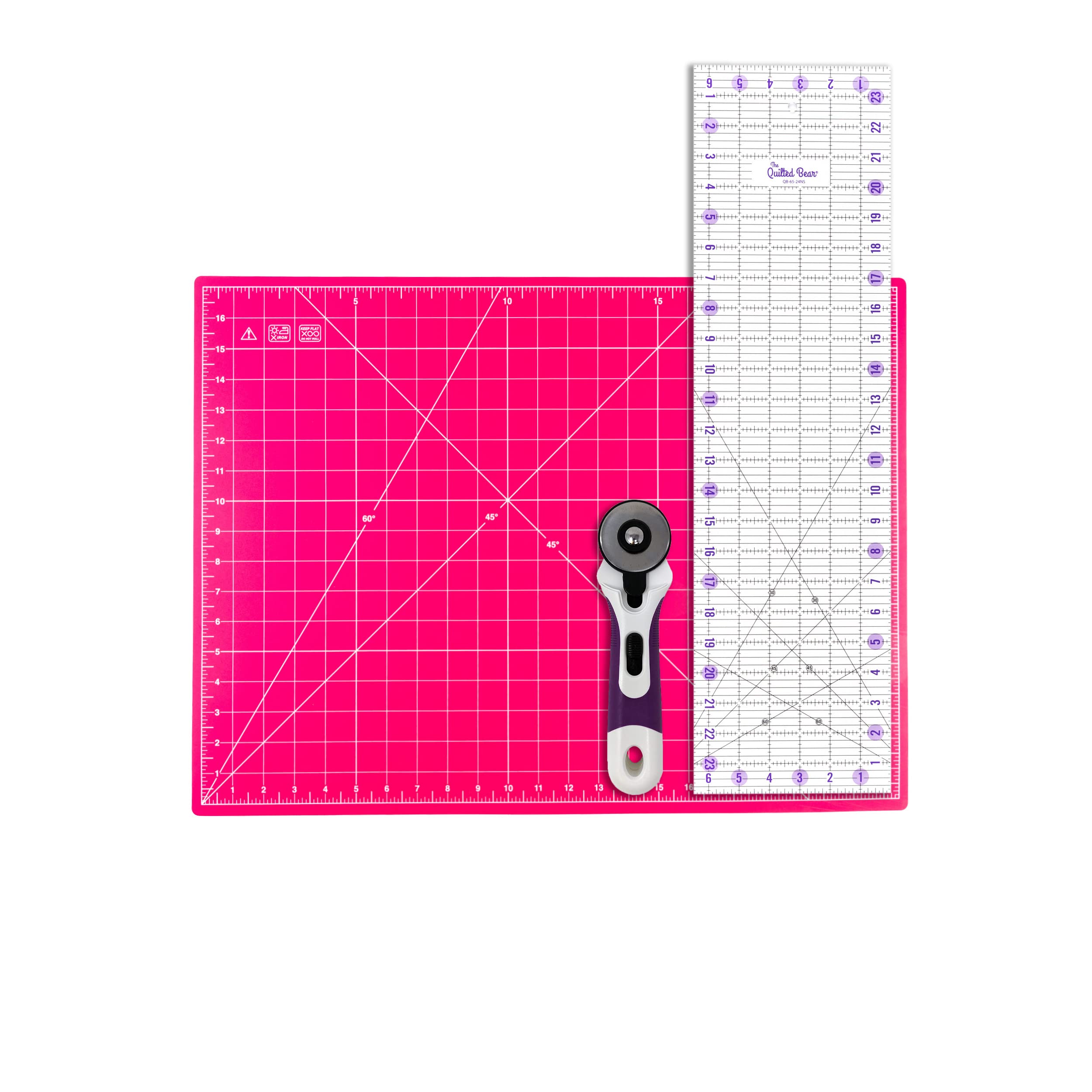 The Quilted Bear 18" x 24" Heavy Duty Self Healing 5 Layer Cutting Mat with 6.5" x 24" Non-Slip Ruler & 45mm Ergonomic Soft Grip Rotary Cutter (Pink)