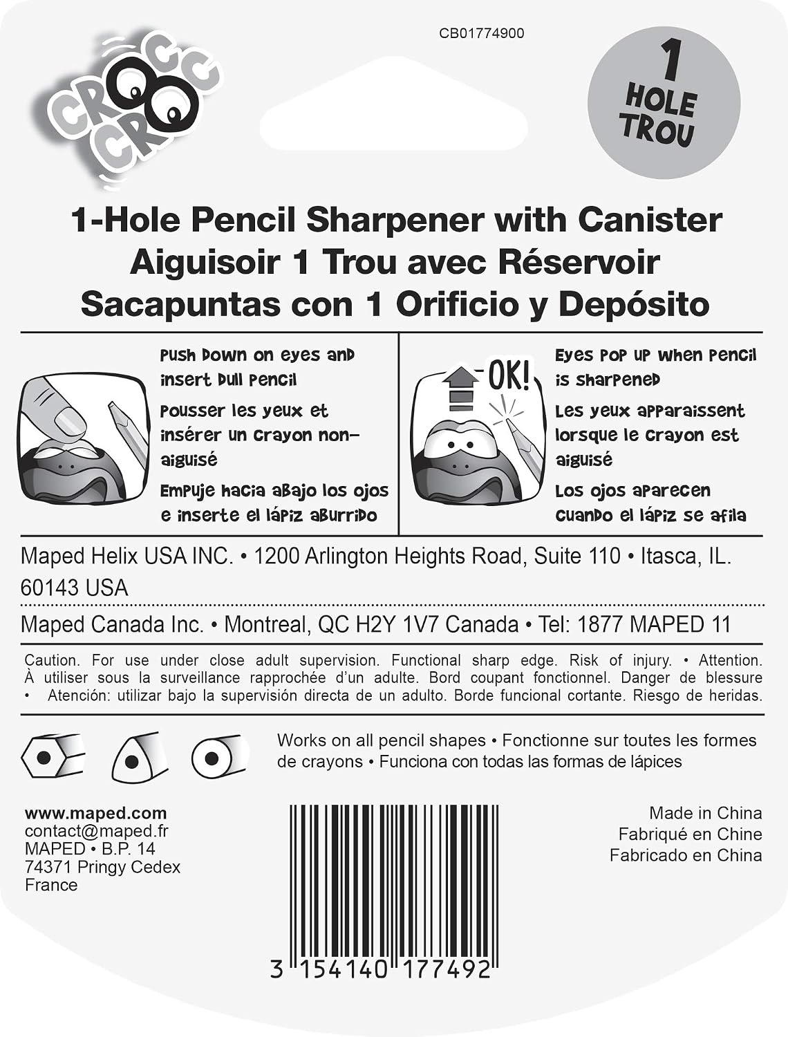 Maped Croc Croc 'Signal' 1 Hole Pencil Sharpener, Assorted Colors (017649)