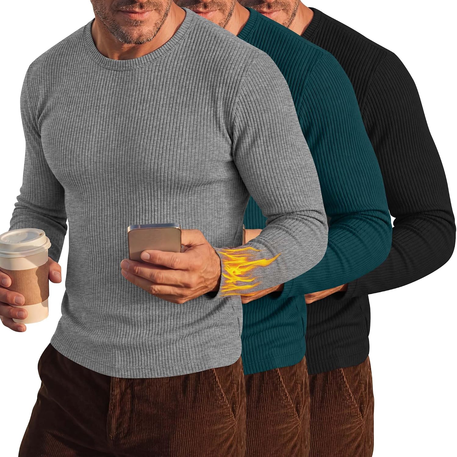 Riyiper 3 Pack Men's Thermal Ribbed Long Sleeve Shirts