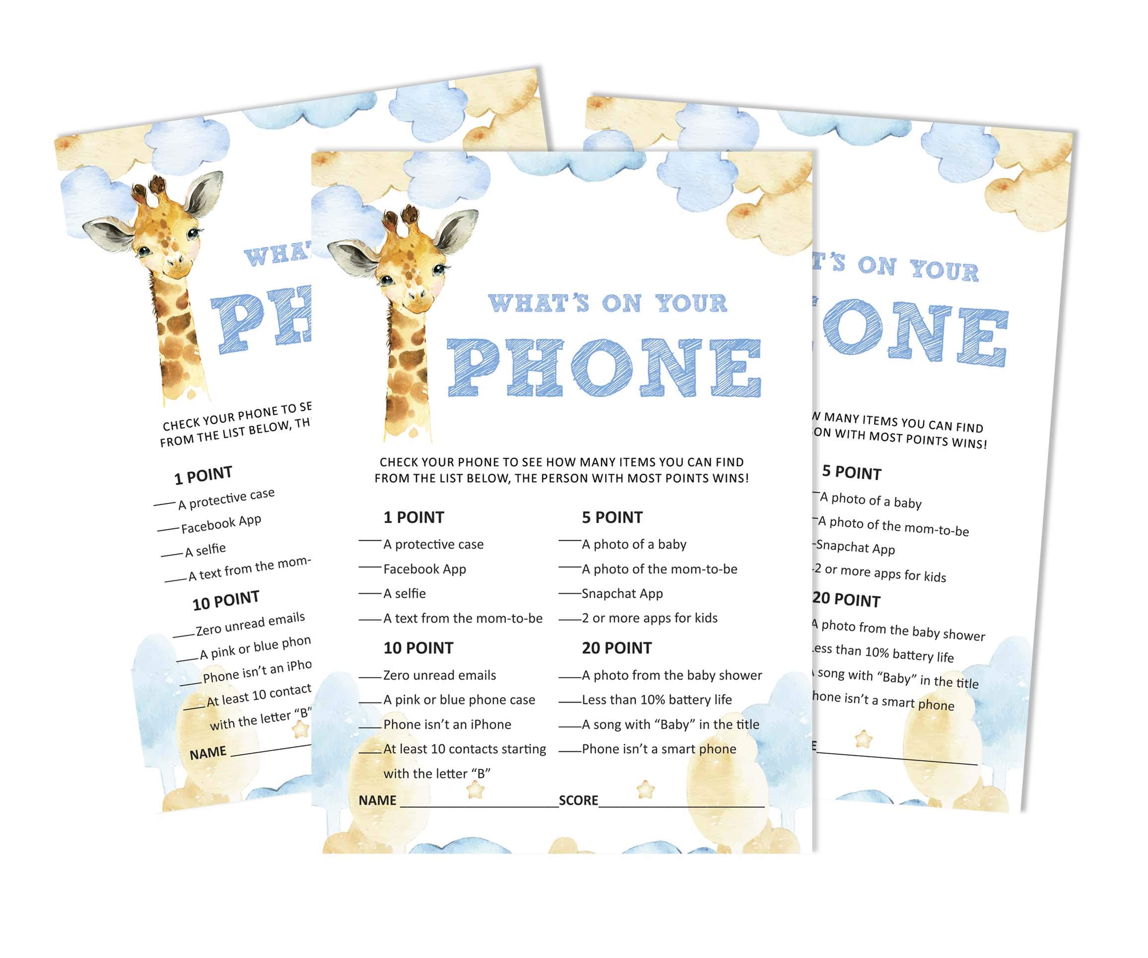 Inkdotpot 50 What's In Your Phone Baby Shower Game Cards Giraffe Jungle Animals Activity Cards Party Idea Baby Shower Party Supply — image 1
