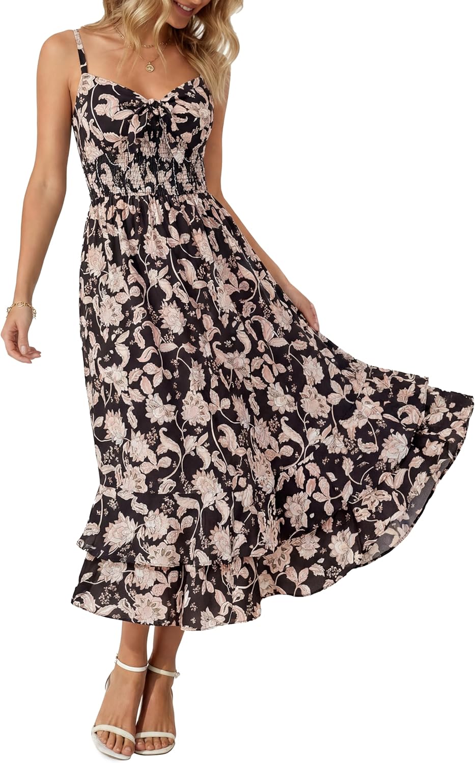 GRACE KARIN Women's Summer Floral Maxi Dress Spaghetti Strap A Line Beach Boho Dresses Ruffle Tiered Casual Dress