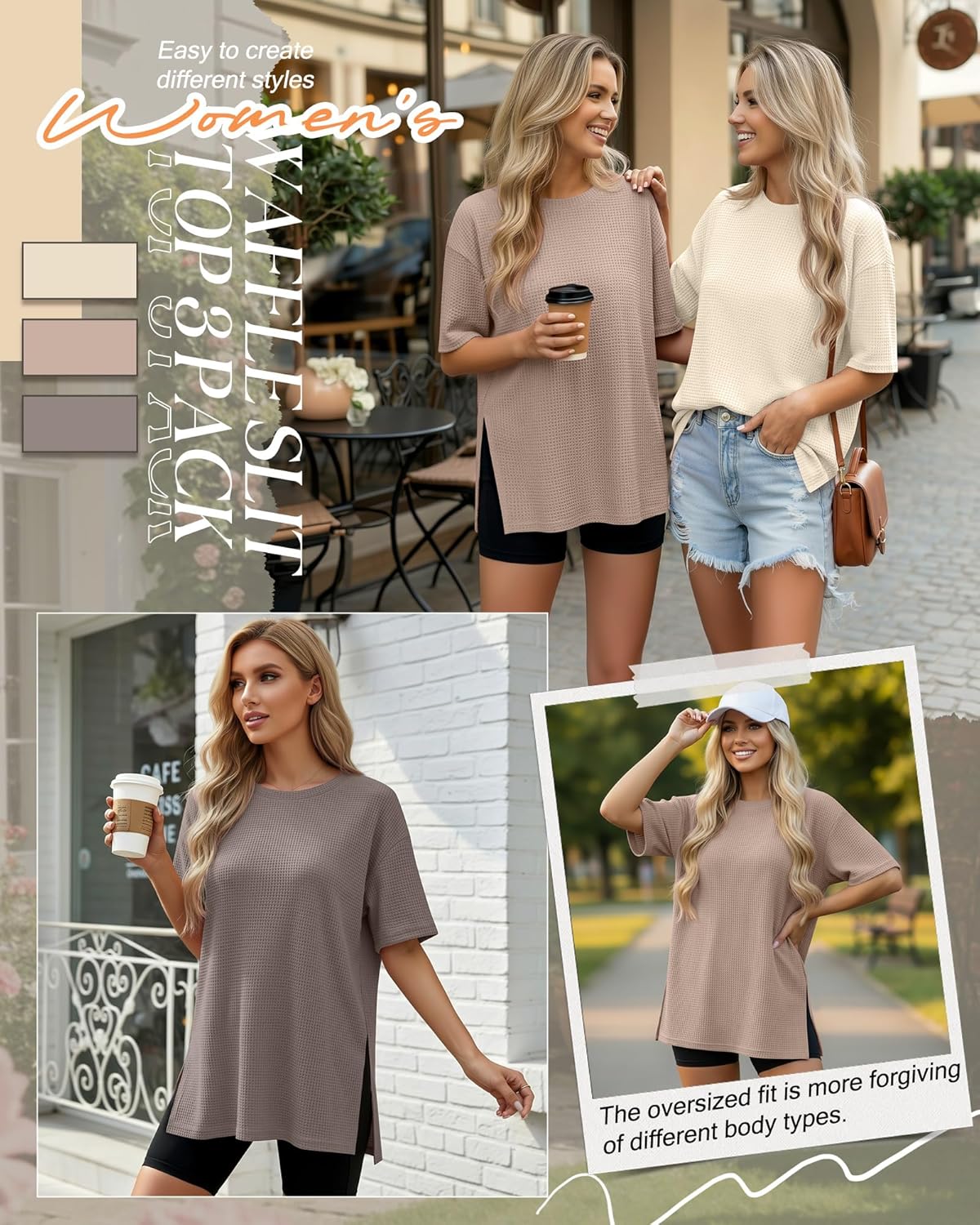 3 Pack Women's Oversized Waffle Knit Short Sleeve Tops Side Split Crewneck Loose Long T-Shirts Summer Casual Tees - Image 2