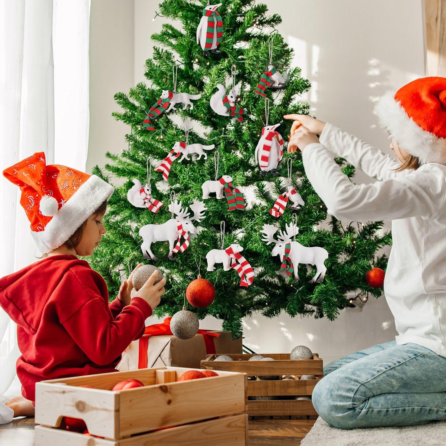 Blosssound 12 Pcs Christmas Polar Animal Ornaments 3D Christmas Tree Ornaments with Mini Scarves White Winter Tree Decorations Polar Bear Fox Squirrel Owl Hanging Pendant Figurines Party Favors - Image 6