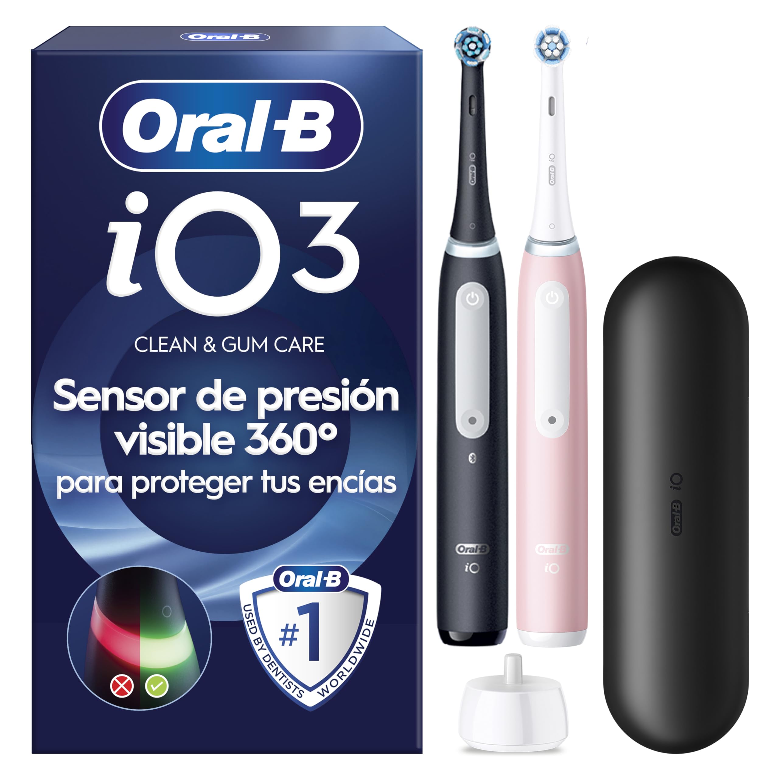 Oral-B iO 3 Cepillos De Dientes Eléctricos (Pack de 2) Con 2 Cabezales, 1 Estuche De Viaje, Diseñado Por Braun, Regalos Originales para Mujer y Hombre - Negro Y Rosa