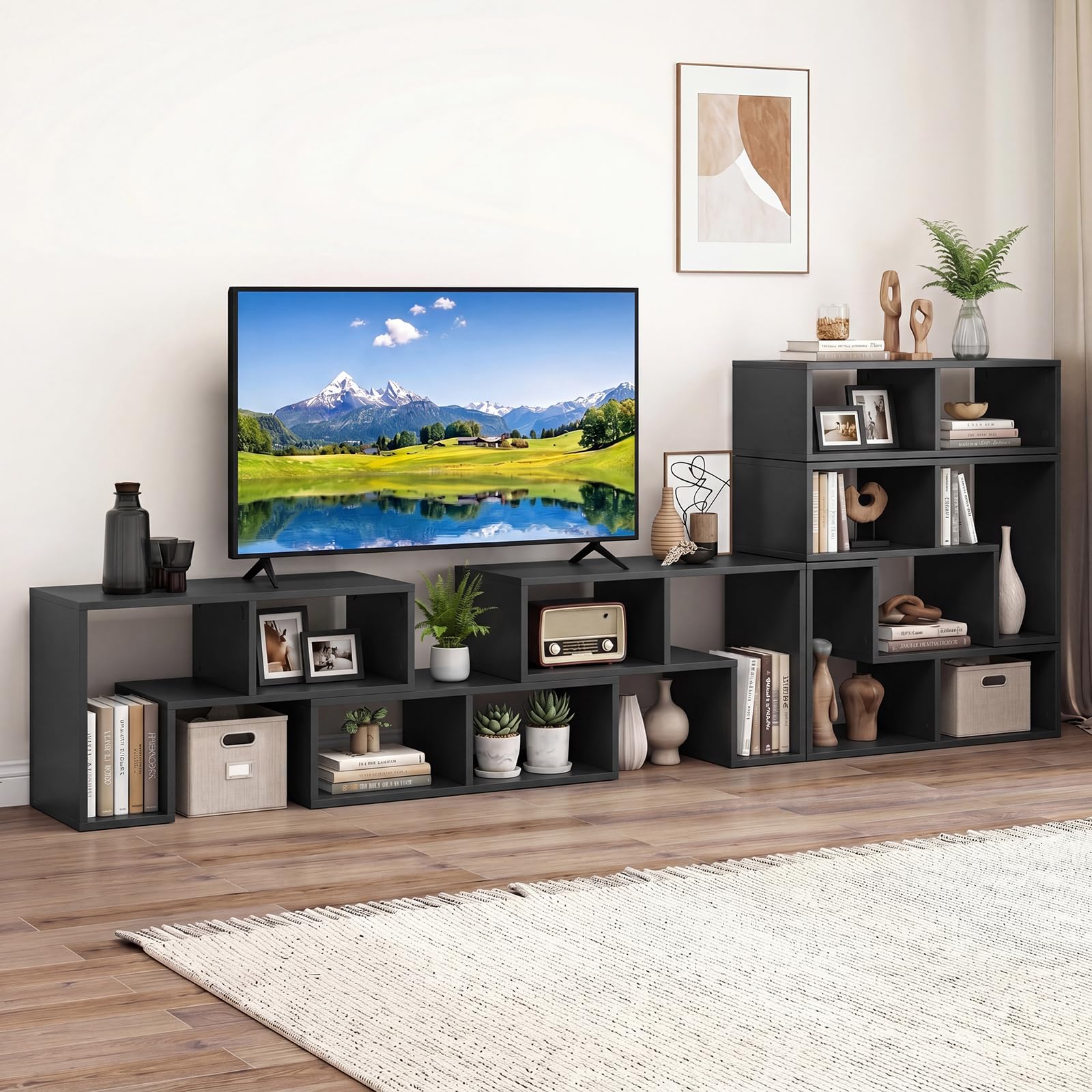GIANTEX Fernsehschrank TV Schrank frei kombinierbar, Fernseher Regal Holz 180x30x43 cm, Sideboard TV Board Lowboard modular 3 teilig, Fernseher Schrank Fernsehtisch für 65 Zoll Fernseher, Schwarz
