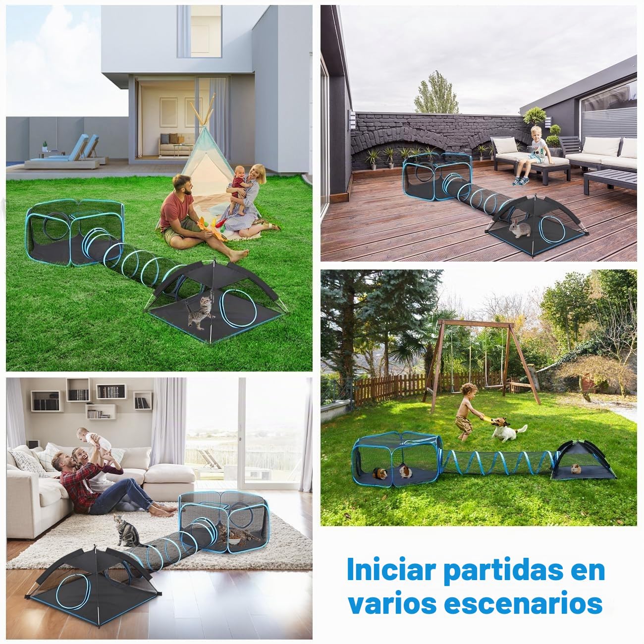 Pawaboo Parque para Mascotas con Túnel Portátil, 3 en 1 Túnel para Gatos Plegable con Tienda y Parque de Malla Transpirable, Corralito para Gatos Conejos Animales Pequeños, Azul Claro + Negro