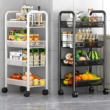 Kitchen Trolley with Rollers Serving Trolley Niche Shelf for Kitchen Organization - Narrow Vegetable Shelf with Wheels for Easy Mobility - Book Trolley for Home Organization