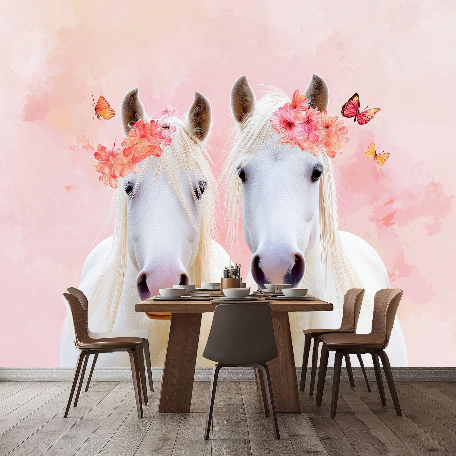 Artystyczna fototapeta 3D zwierzę biały koń różowe kwiaty włóknina mural, marzycielskie zwierzęta salon sypialnia tapeta dekoracja - 250 x 175 cm fototapeta - salon sofa tło telewizora