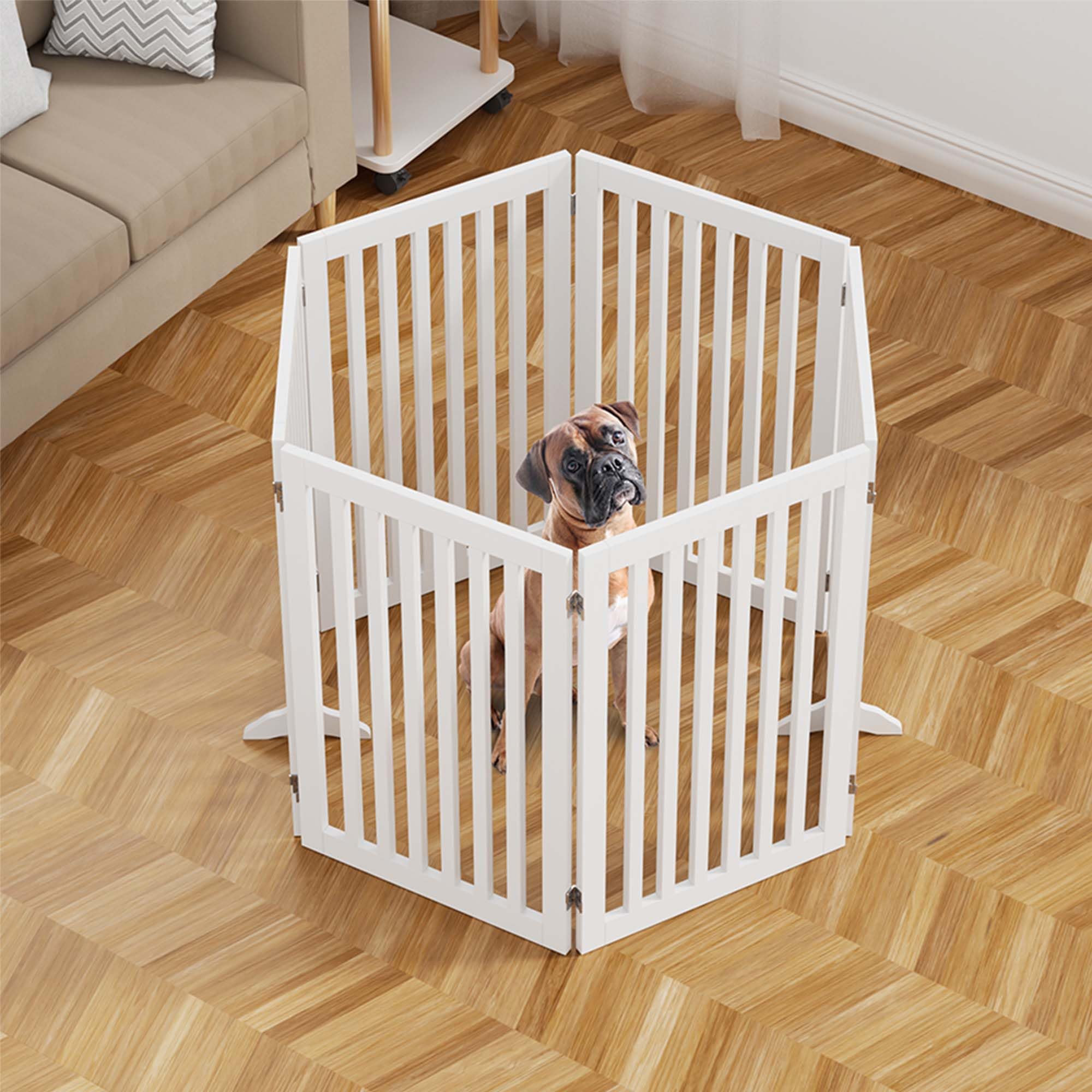 Unipaws Hundegitter 306 cm extra breit freistehendes Hundetor faltbares Welpengitter Holz Laufstall erweiterbare Hundebarriere (91 cm, Weiß)
