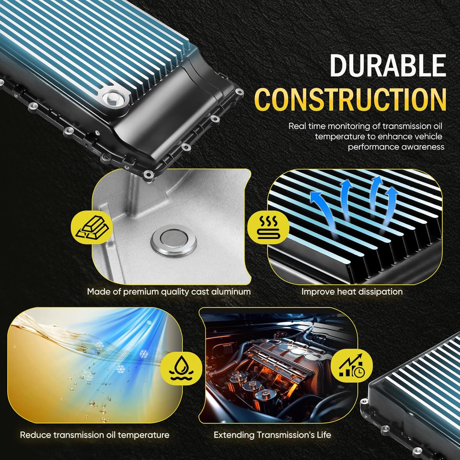 328053210 Heavy-Duty Cast Aluminum Shallow Transmission Pan Compatible with 18-25 Mustang/Expedition/Navigator丨17-25 F-150丨19-25 Ranger丨20-25 Explorer丨21-25 Bronco，Brushed Finish