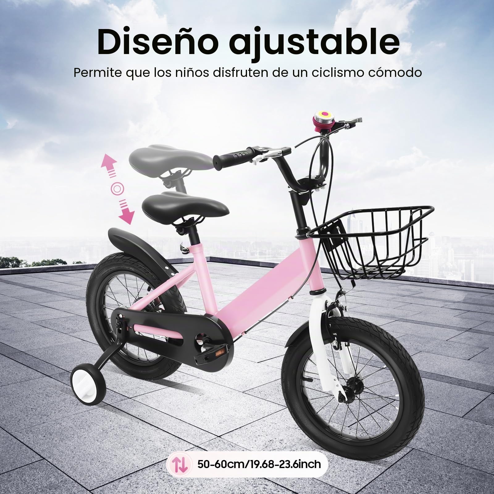 Bicicleta infantil de 14 pulgadas, con ruedines, cesta y borlas para el manillar en color rosa, para niñas y niños a partir de 3-5 años, manillar y asiento ajustables en altura, freno delantero