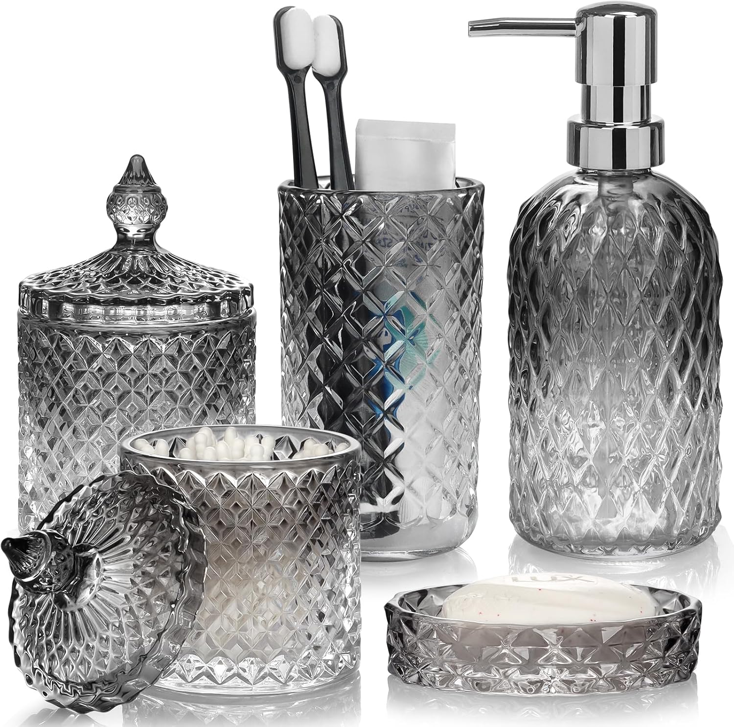 Bathroom Accessories Set, 5Pcs Gradient Glass Bath Accessory Sets Complete, Glass Bathroom Accessories with Soap Dispenser, Soap Dish, Toothbrush Holder, Qtip Holder