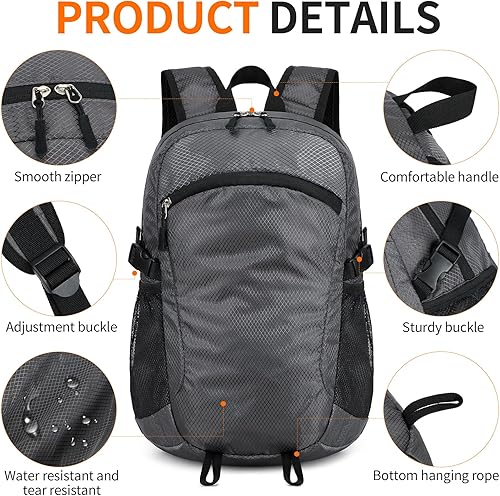 Miniatura 6 de Mochila de senderismo pequeña de 15 L, ligera, plegable, resistente al agua, para mujeres y hombres, campamento (gris)