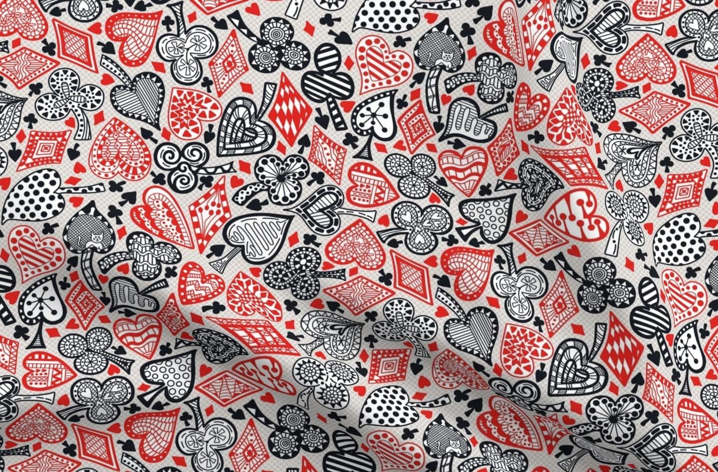 Spoonflower Fabric - Patterned Playing Card Hearts Clubs Diamonds Black Red Grey Printed on Organic Cotton Sateen Fabric by The Yard - Sewing Quilting Apparel Home Decor