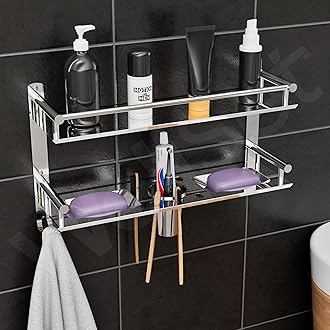 Well Set 2-Tier Stainless Steel Bathroom Wall Shelf (X-Large) | Multipurpose Organizer Rack with Dual Soap Dish, Toothbrush & Tumbler Holder, Towel Rod | Rust-Free Mirror Finish Storage Rack (Silver)