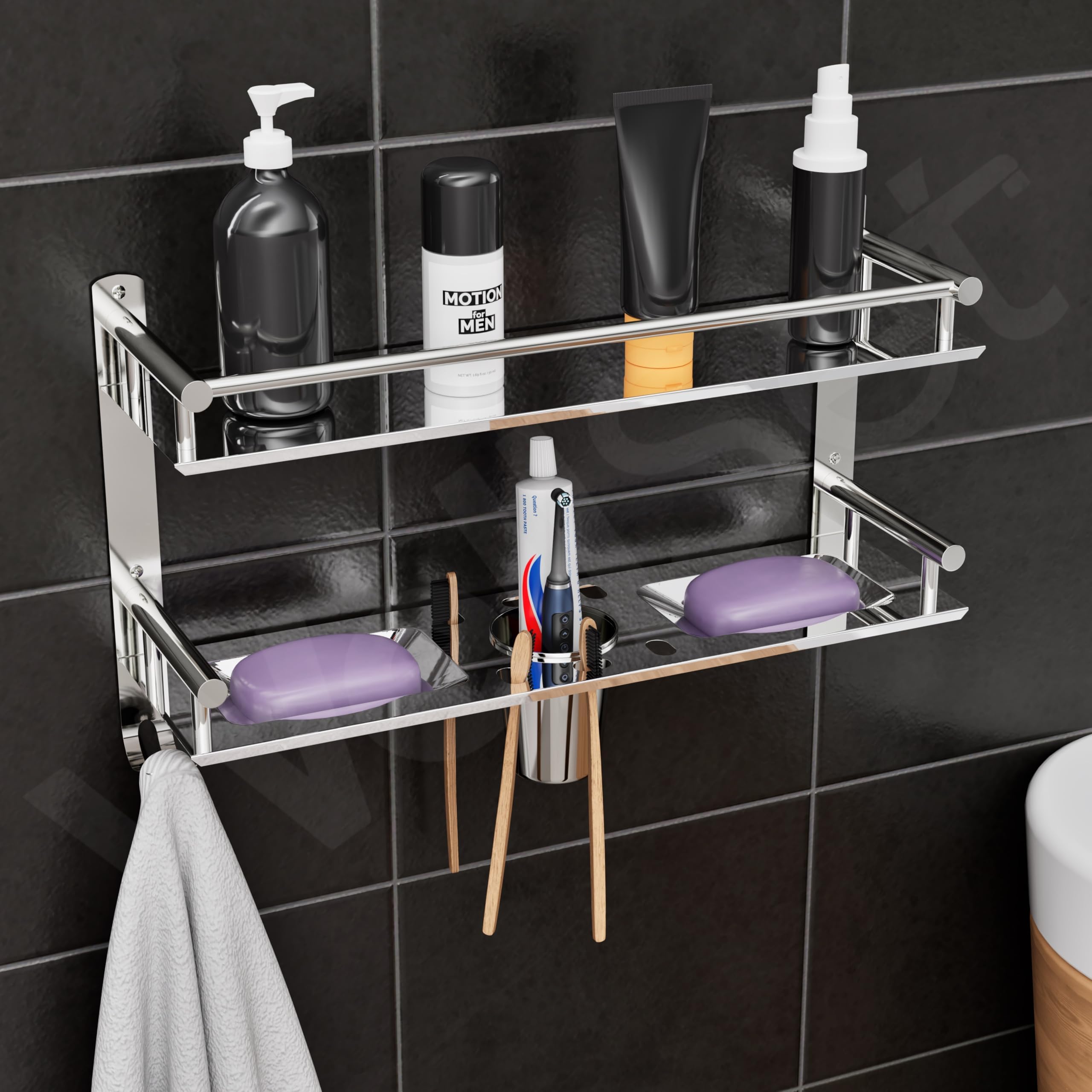 2 Tier Stainless Steel Bathroom Wall Shelf | X-Large Multipurpose Organizer Rack with Soap Dish, Toothbrush & Tumbler Holder, Towel Rod | Rust Free Mirror Finish (Silver)