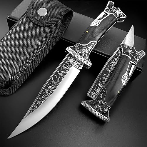 AULAKNIV Cuchillo de caza semiplegable de hoja grande, navajas tácticas de supervivencia para acampar con mango de madera, funda de nailon, regalos