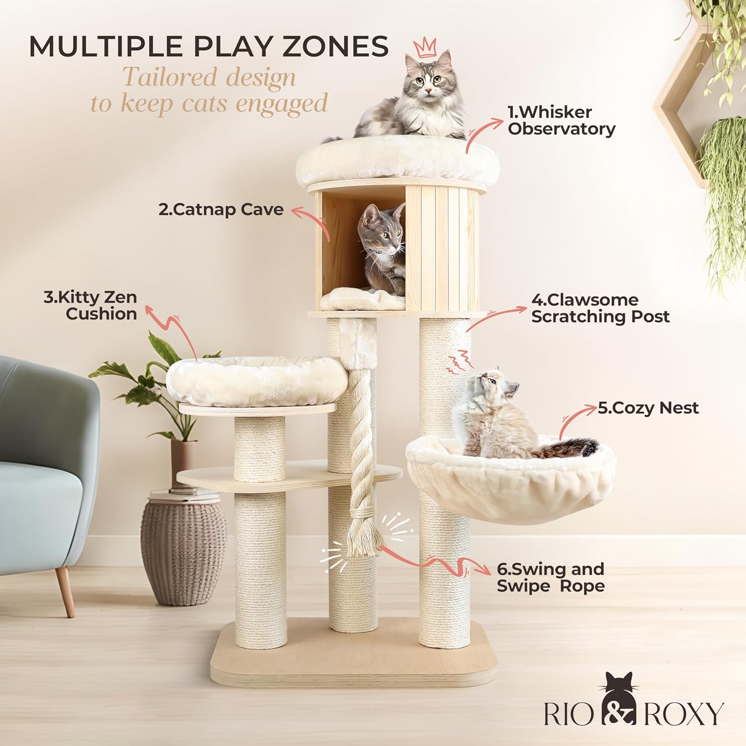 review Heavy Duty Cat Tree Tower for Indoor Cats Large, Modern Tall Cat Tower with Scratching Post, Cute Cat Condo, Wood Cat Climbing Tower with Hammock, Aesthetic Luxury Cat Furniture by Rio & Roxy