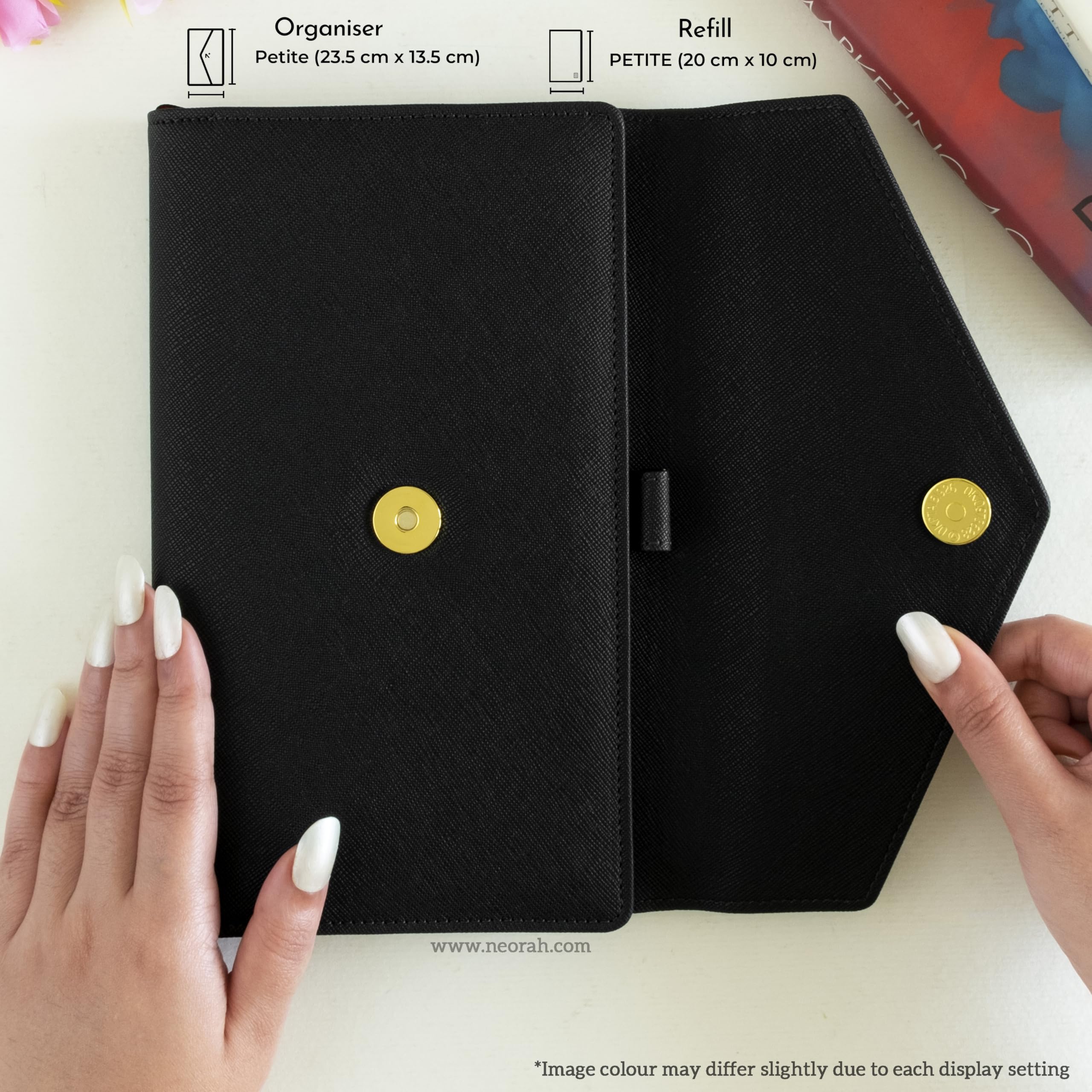 NEORAH PETITE Notebook SLEEVE with Envelope Flap Closure + Dotgrid JOURNAL | Faux Leather Sleeve + Penloop | Bookmarks | Front & Back pocket | 6 Card Slots - BLACK - Image 2